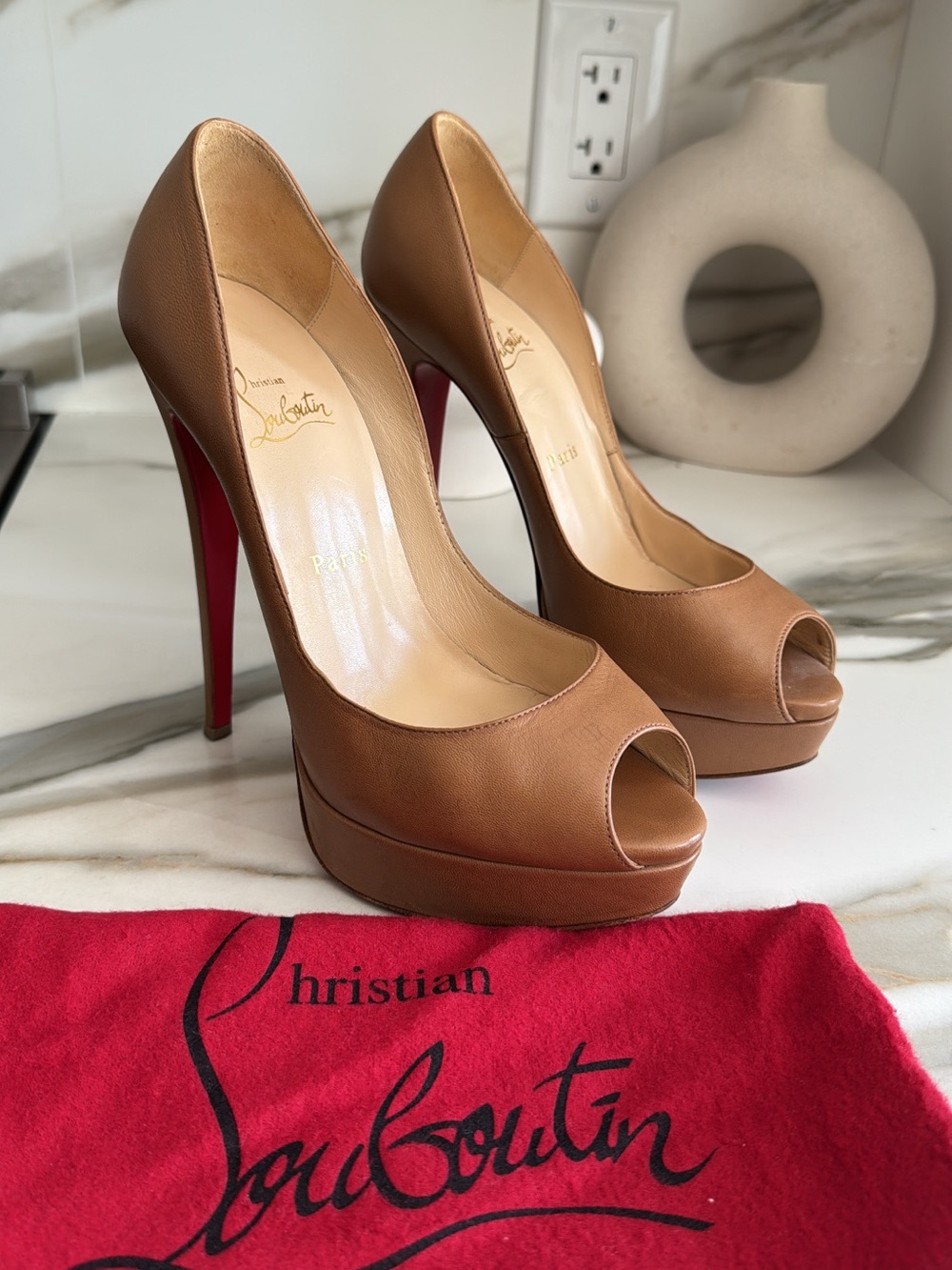 Christian Louboutin Camel Peep-Toe Platform Pumps size 38.5